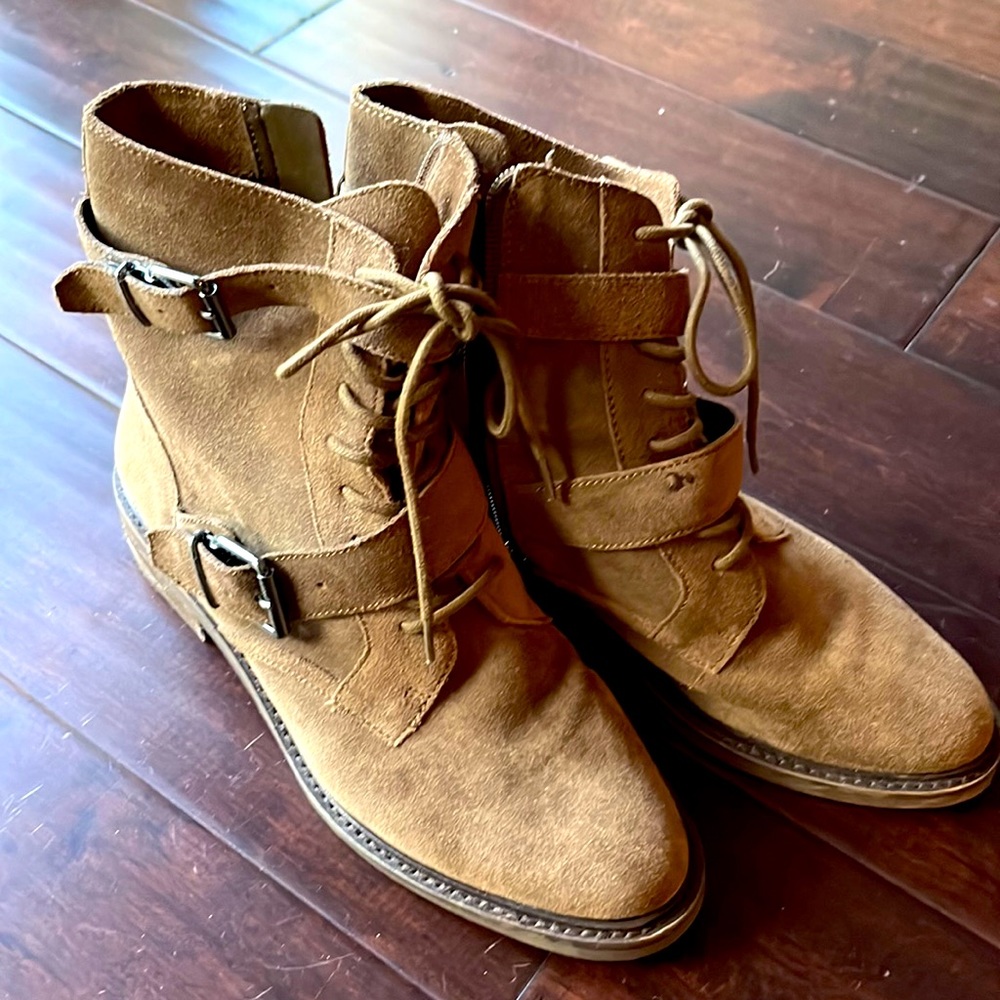 🥾 Brown Suede Boots with Buckles and Laces. Zipper for ease. 🥾